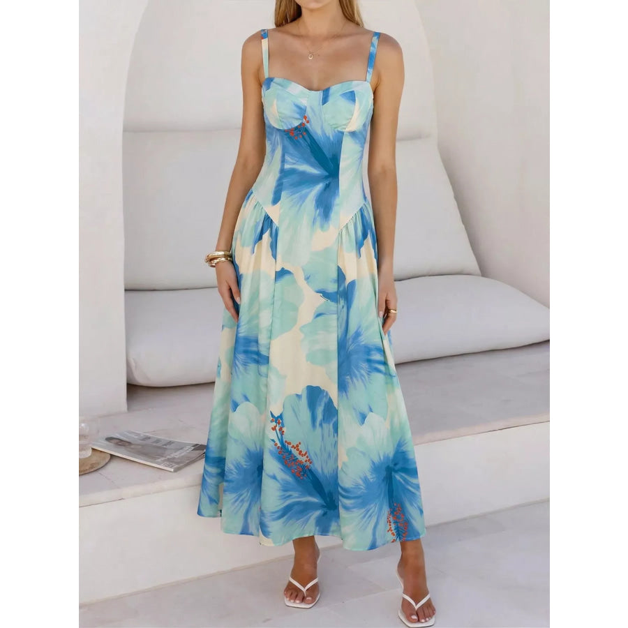 Floral Print Sweetheart Neck Dress Blue / S Apparel and Accessories