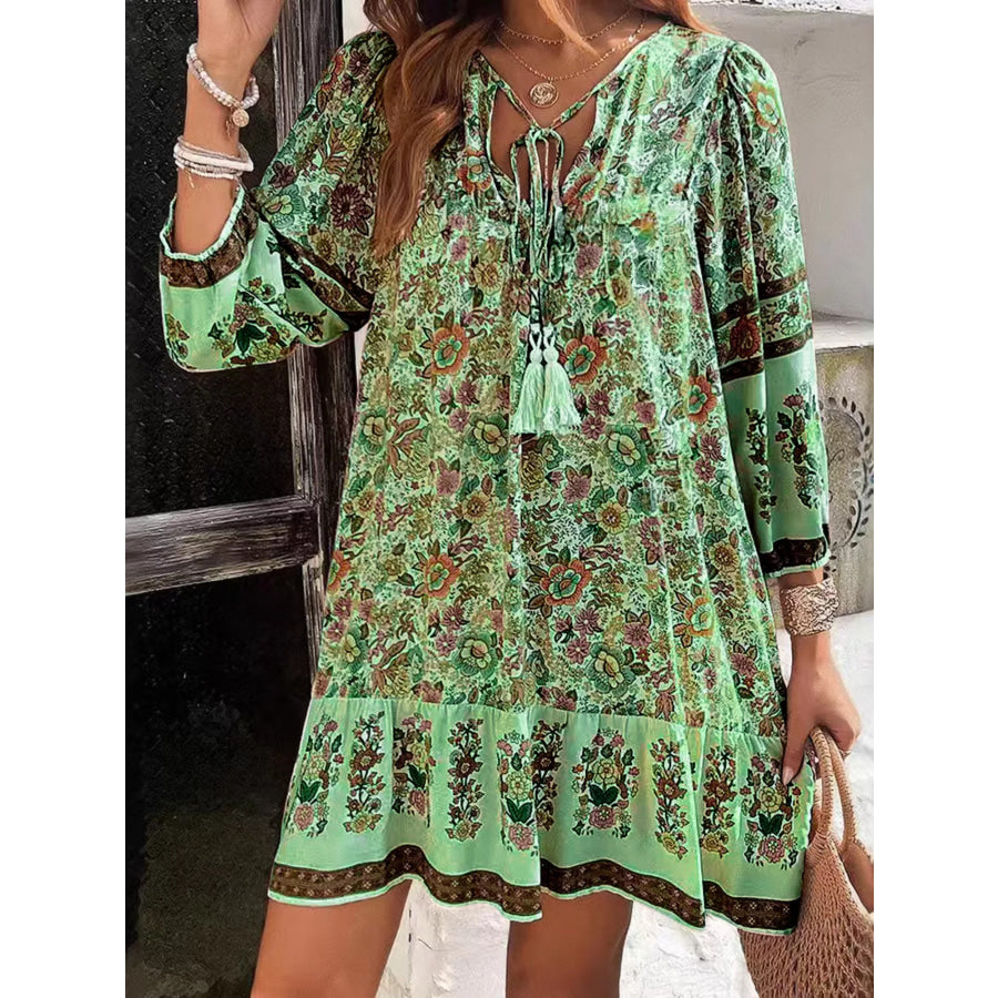 Floral Print Tassel Tie Neck Mini Dress Apparel and Accessories