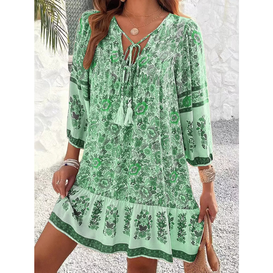 Floral Print Tassel Tie Neck Mini Dress Apparel and Accessories