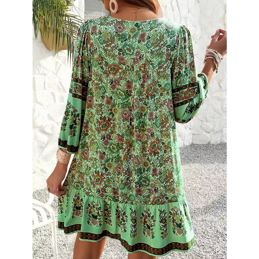 Floral Print Tassel Tie Neck Mini Dress Apparel and Accessories