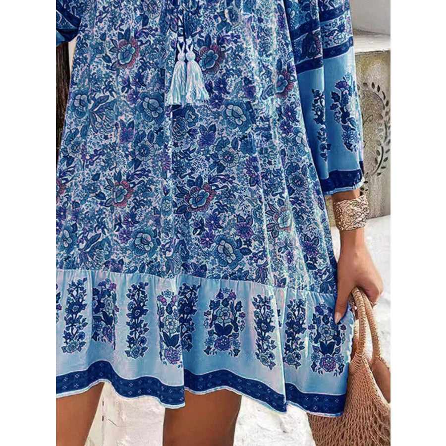 Floral Print Tassel Tie Neck Mini Dress Apparel and Accessories