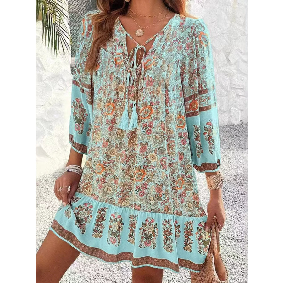 Floral Print Tassel Tie Neck Mini Dress Apparel and Accessories