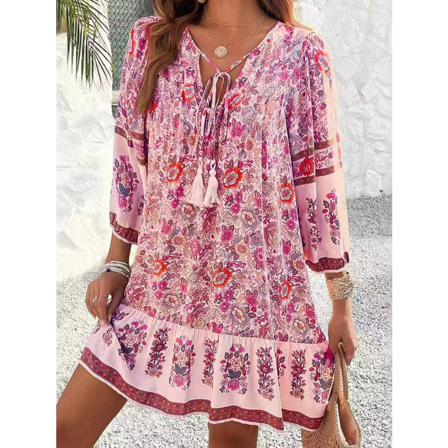 Floral Print Tassel Tie Neck Mini Dress Apparel and Accessories