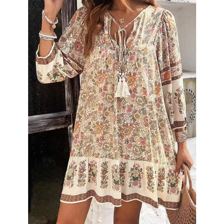 Floral Print Tassel Tie Neck Mini Dress Apparel and Accessories