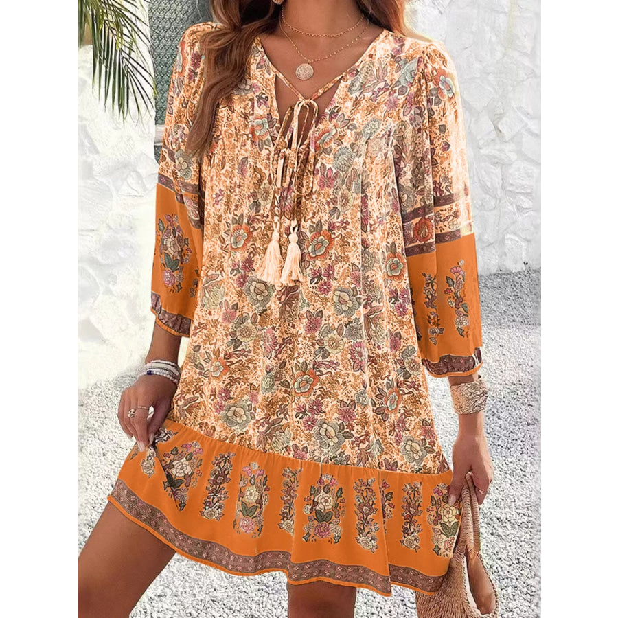 Floral Print Tassel Tie Neck Mini Dress Apparel and Accessories