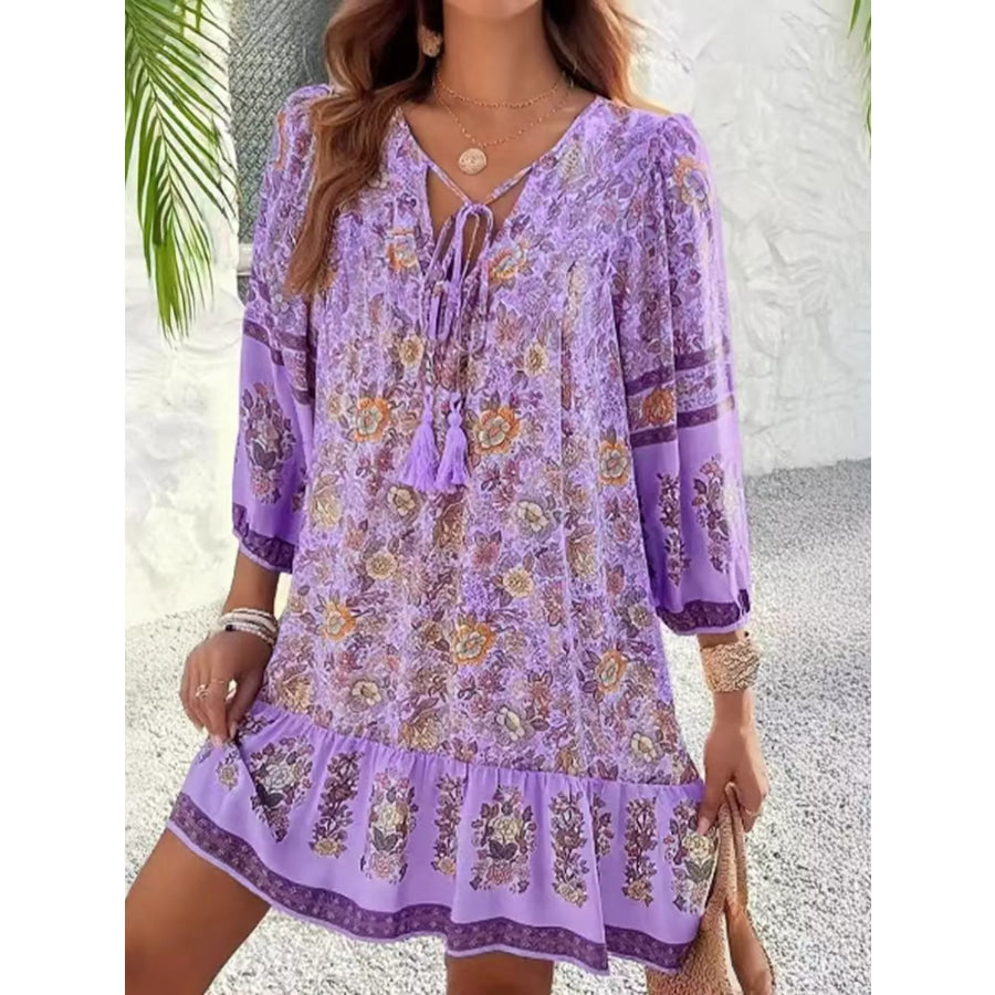 Floral Print Tassel Tie Neck Mini Dress Apparel and Accessories