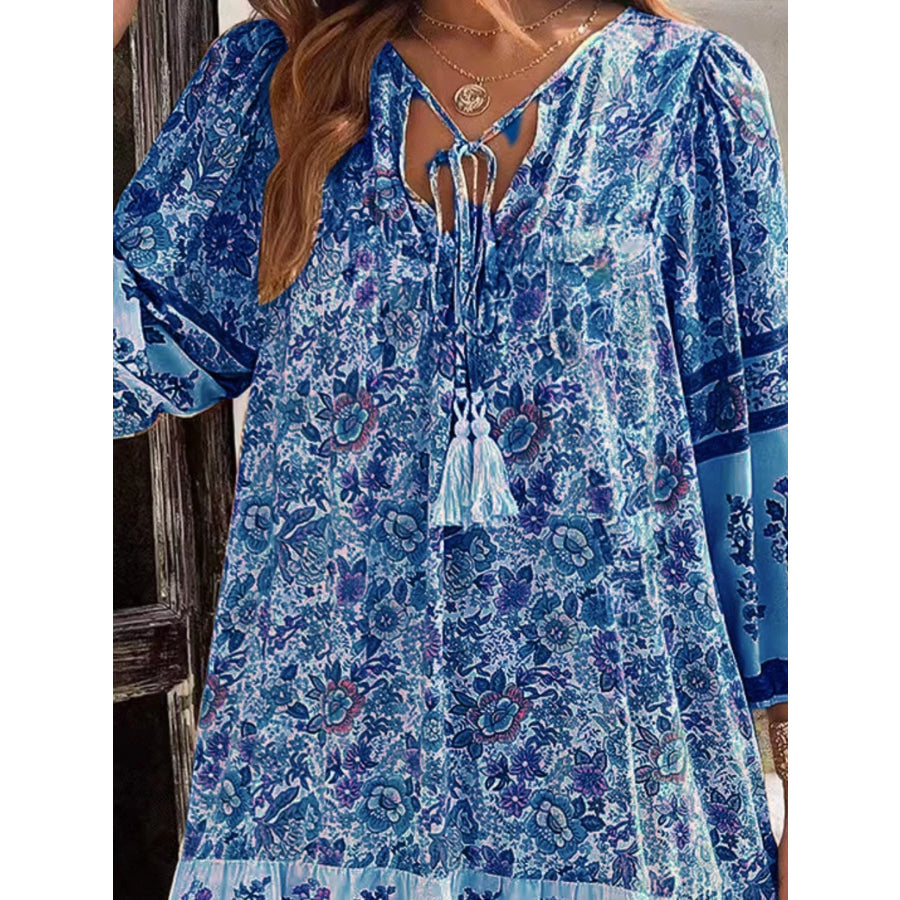 Floral Print Tassel Tie Neck Mini Dress Apparel and Accessories