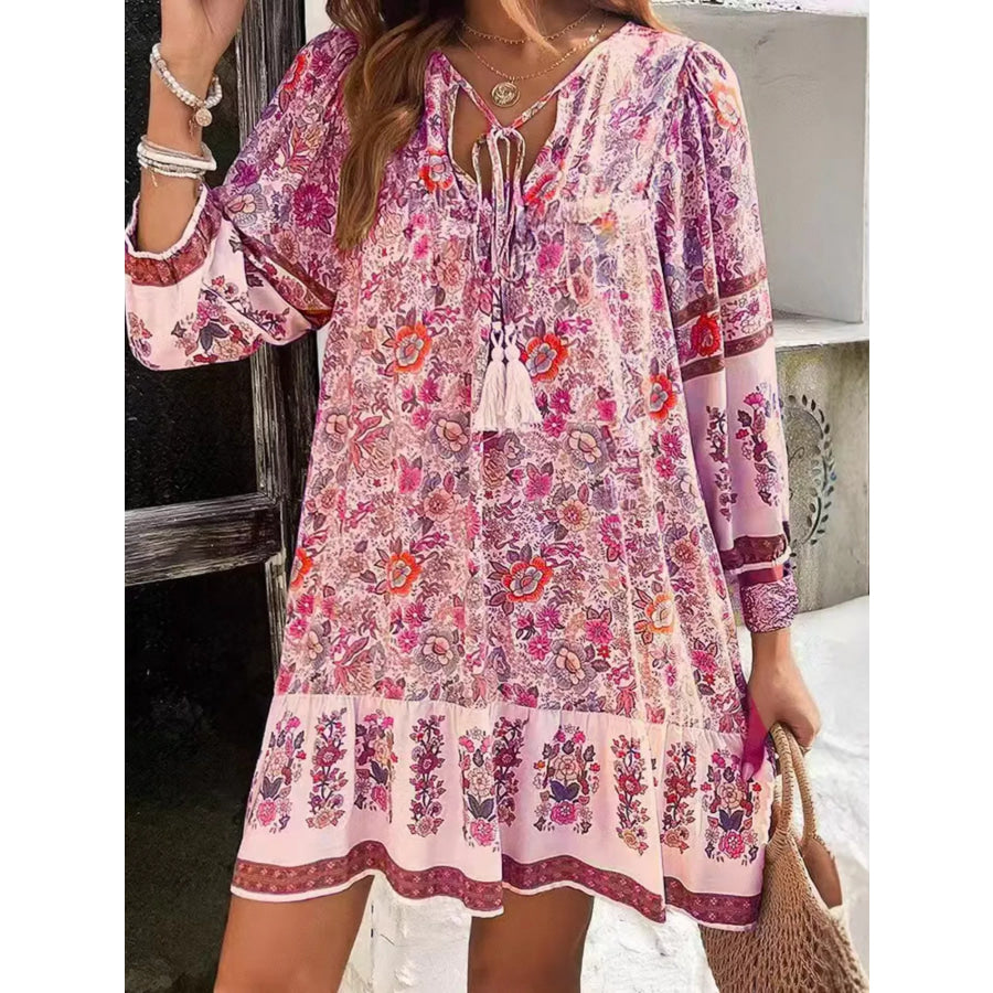 Floral Print Tassel Tie Neck Mini Dress Blush Pink / S Apparel and Accessories