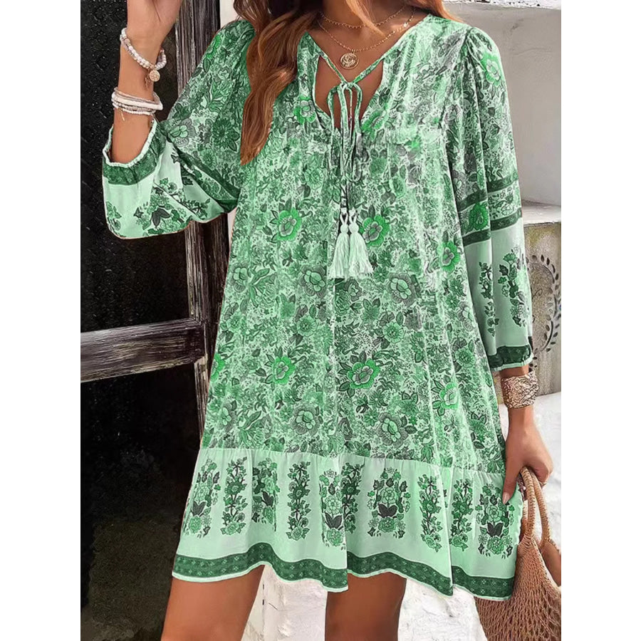 Floral Print Tassel Tie Neck Mini Dress Gum Leaf / S Apparel and Accessories