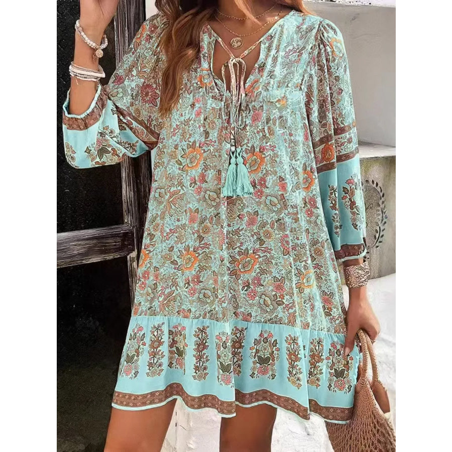 Floral Print Tassel Tie Neck Mini Dress Light Blue / S Apparel and Accessories