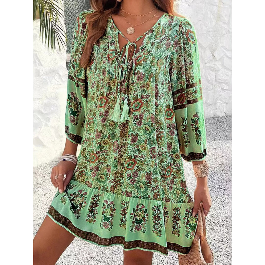 Floral Print Tassel Tie Neck Mini Dress Matcha Green / S Apparel and Accessories