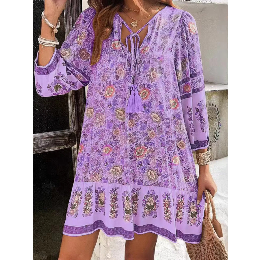 Floral Print Tassel Tie Neck Mini Dress Purple / S Apparel and Accessories