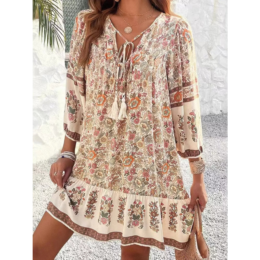Floral Print Tassel Tie Neck Mini Dress Tan / S Apparel and Accessories