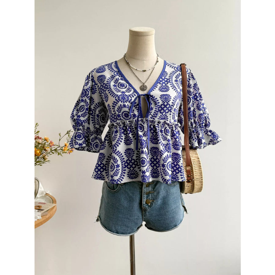 Floral Print Tie-Front Blouse Navy / S Apparel and Accessories