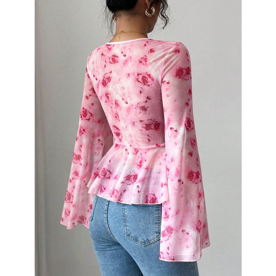 Floral Print Tie Front Flare Sleeve Chiffon Blouse Apparel and Accessories