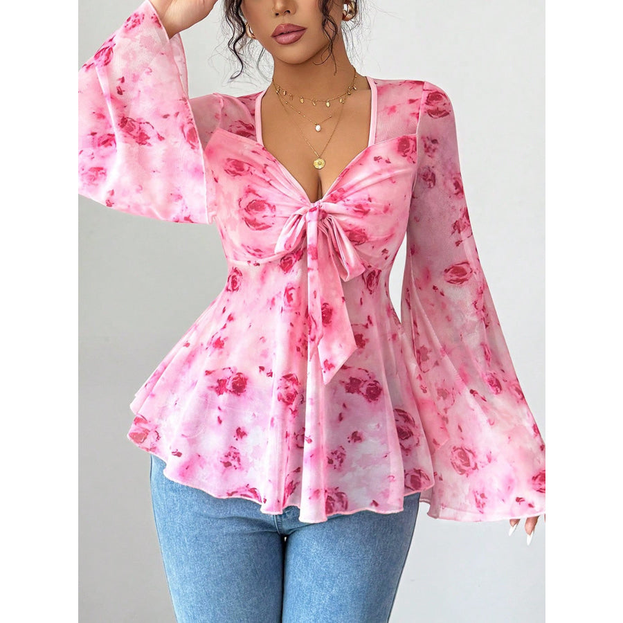 Floral Print Tie Front Flare Sleeve Chiffon Blouse Apparel and Accessories