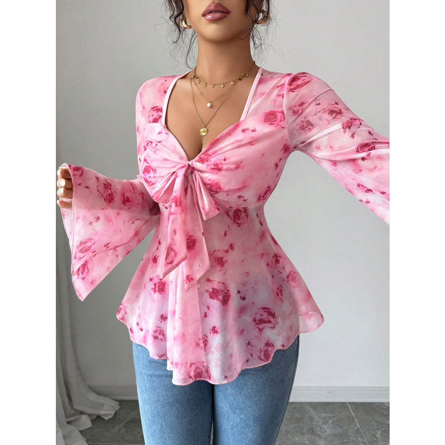 Floral Print Tie Front Flare Sleeve Chiffon Blouse Apparel and Accessories