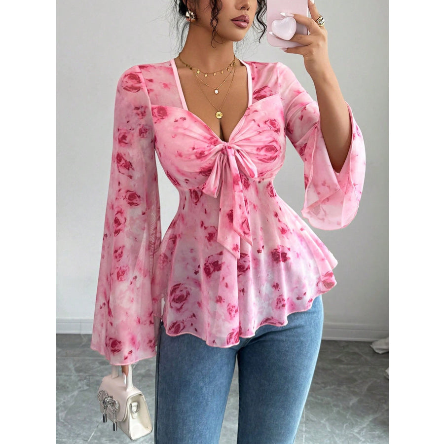 Floral Print Tie Front Flare Sleeve Chiffon Blouse Red / S Apparel and Accessories