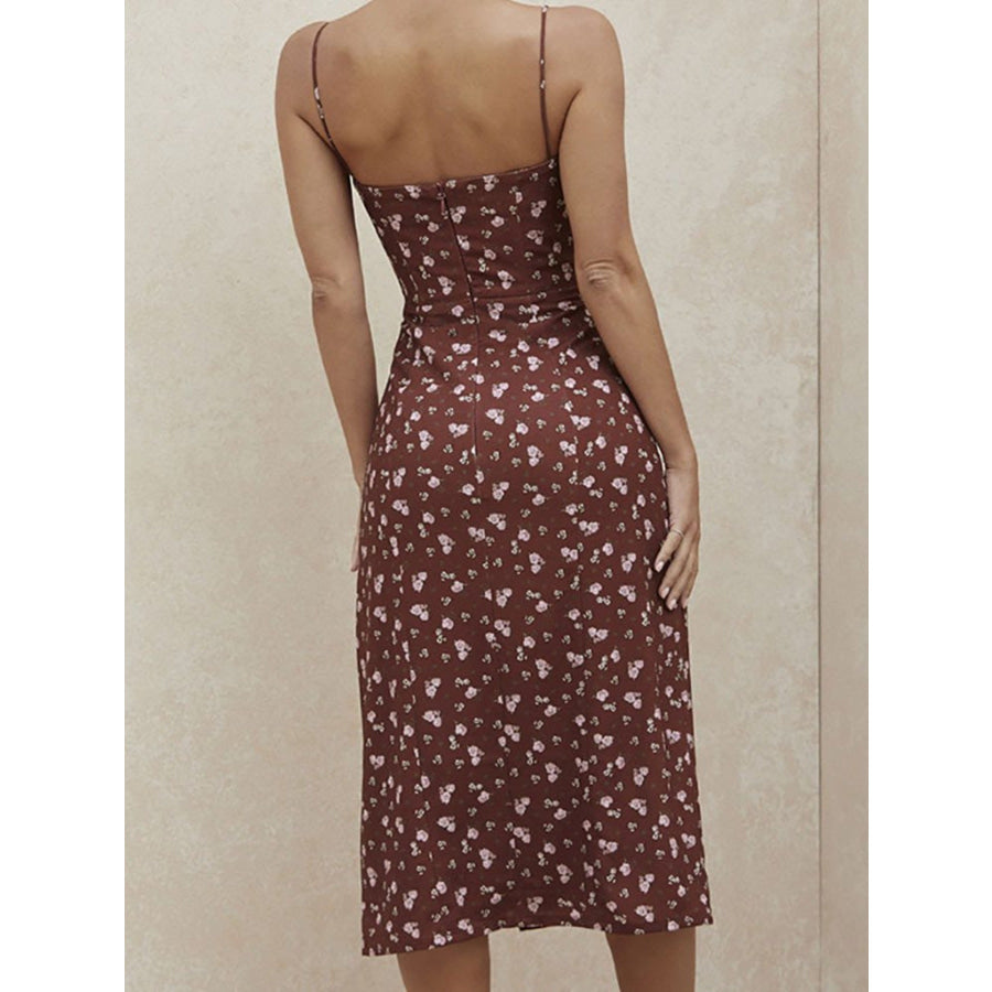 Floral Print Tie Front Slit Midi Dress Apparel and Accessories