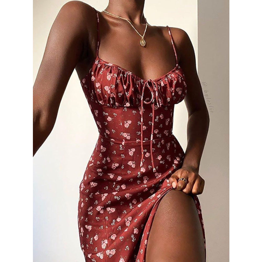 Floral Print Tie Front Slit Midi Dress Burgundy / S Apparel and Accessories