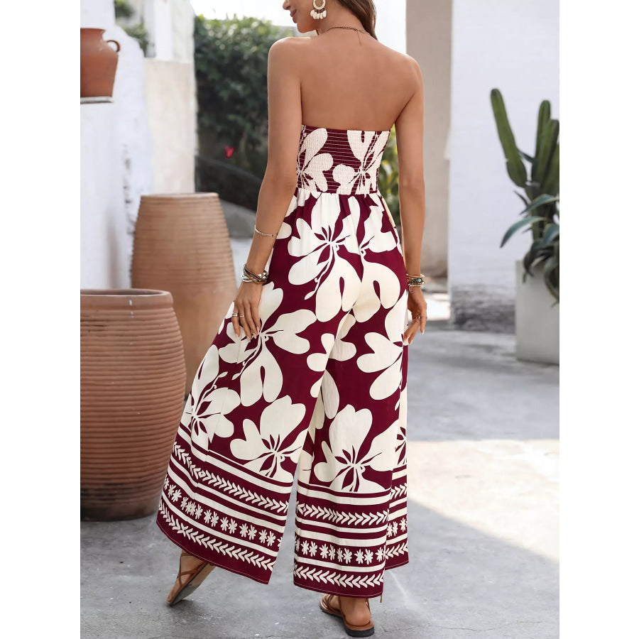 Floral Print Tie Front Strapless Wide Leg Jumpsuit Apparel and Accessories