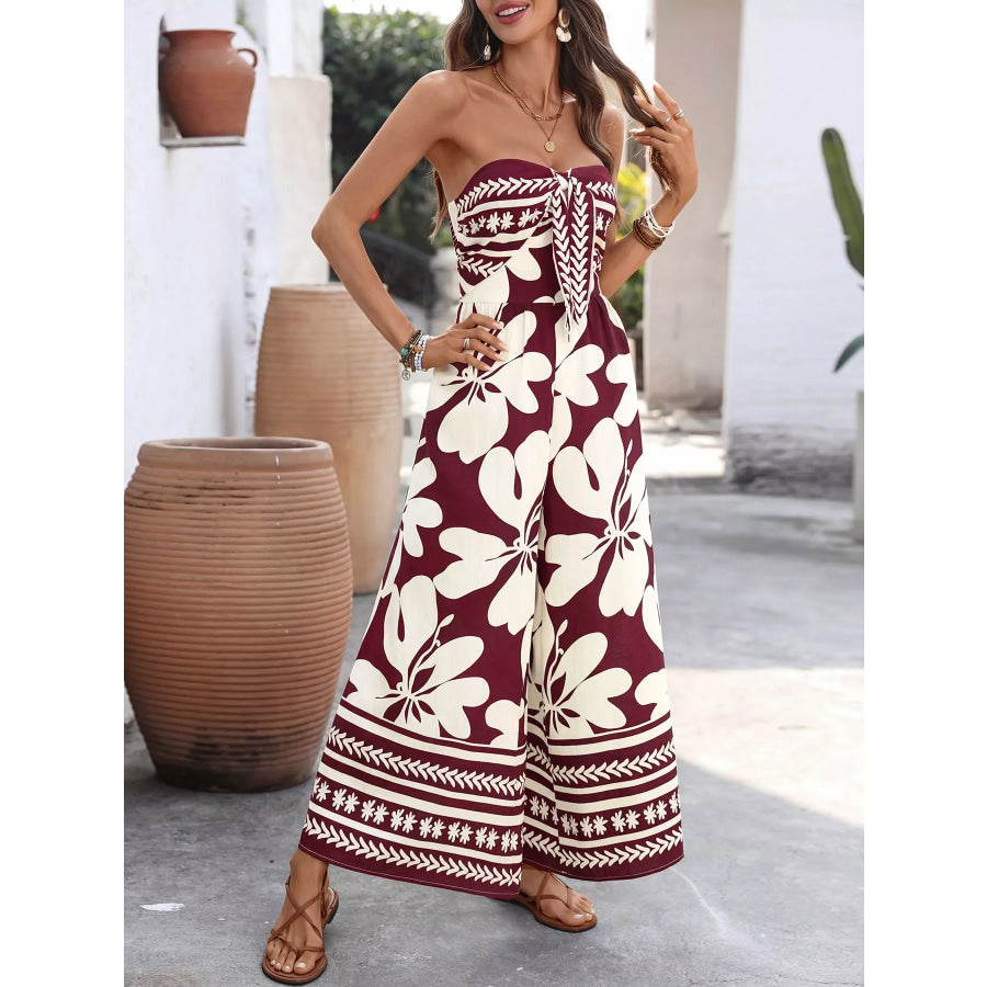 Floral Print Tie Front Strapless Wide Leg Jumpsuit Apparel and Accessories