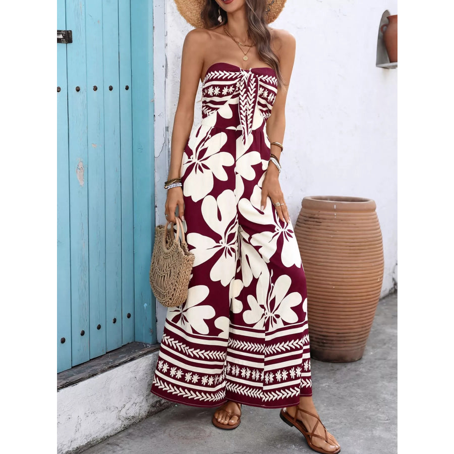 Floral Print Tie Front Strapless Wide Leg Jumpsuit Apparel and Accessories
