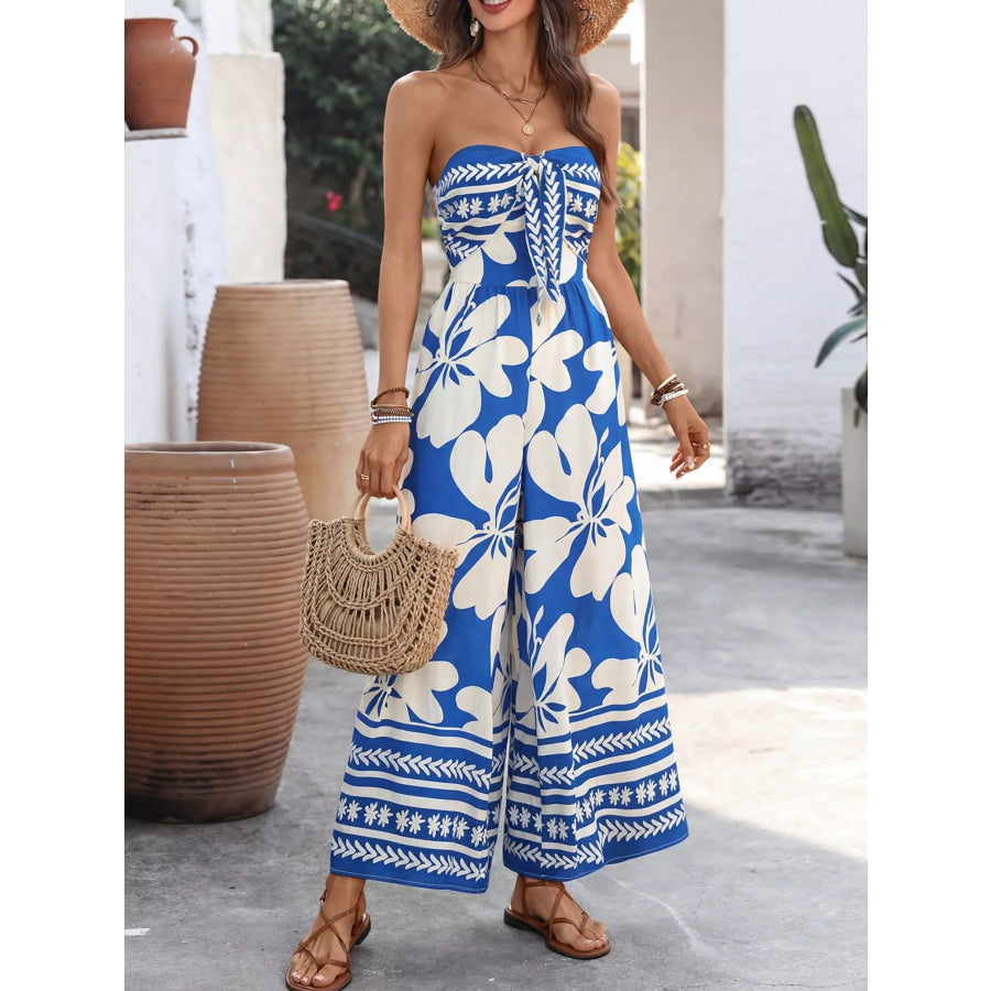 Floral Print Tie Front Strapless Wide Leg Jumpsuit Apparel and Accessories