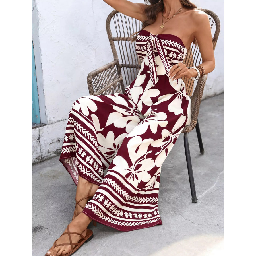 Floral Print Tie Front Strapless Wide Leg Jumpsuit Apparel and Accessories