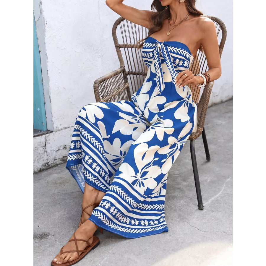 Floral Print Tie Front Strapless Wide Leg Jumpsuit Apparel and Accessories