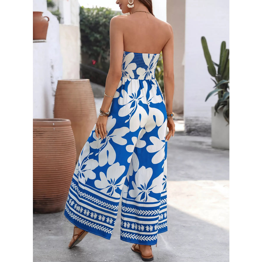 Floral Print Tie Front Strapless Wide Leg Jumpsuit Apparel and Accessories