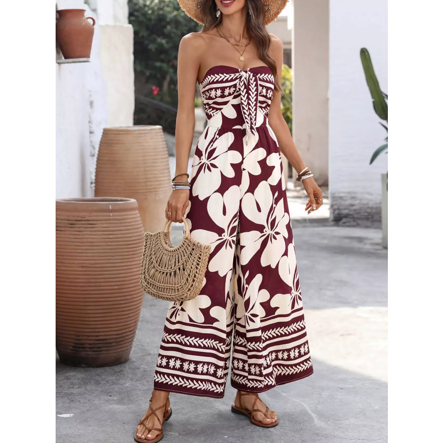 Floral Print Tie Front Strapless Wide Leg Jumpsuit Burgundy / S Apparel and Accessories