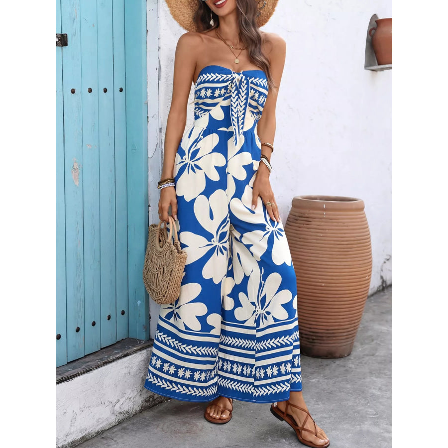 Floral Print Tie Front Strapless Wide Leg Jumpsuit Royal Blue / S Apparel and Accessories