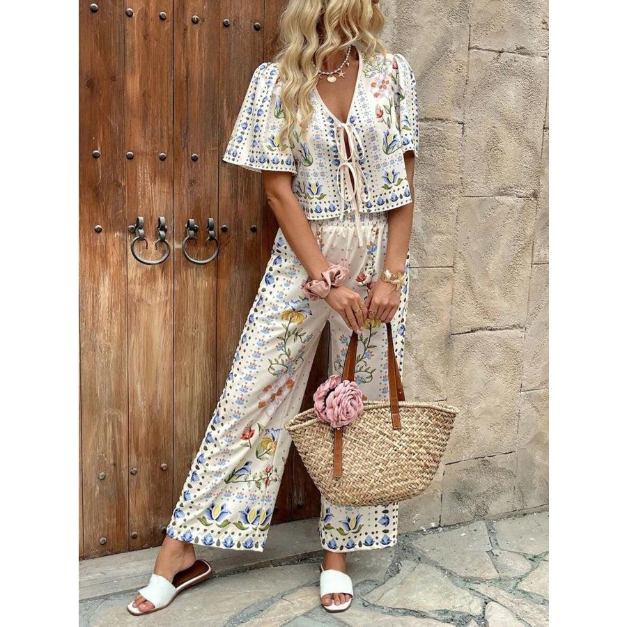 Floral Print Tie-Front Top and Pants Set Apparel and Accessories