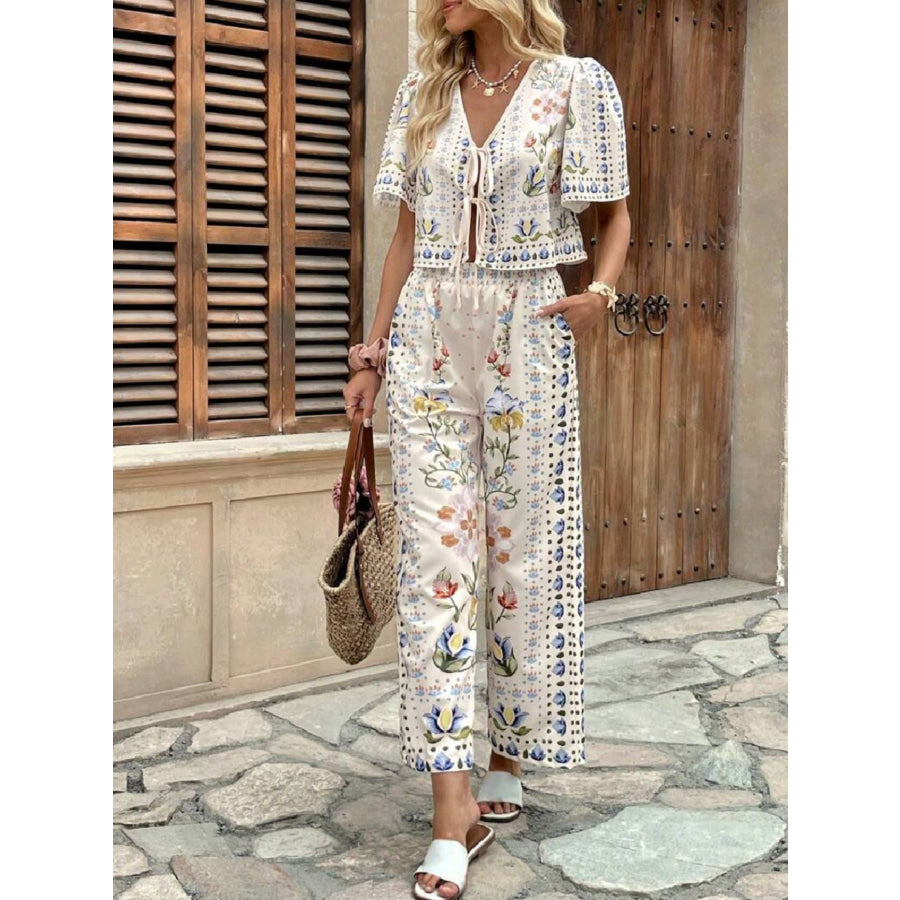 Floral Print Tie-Front Top and Pants Set Apparel and Accessories