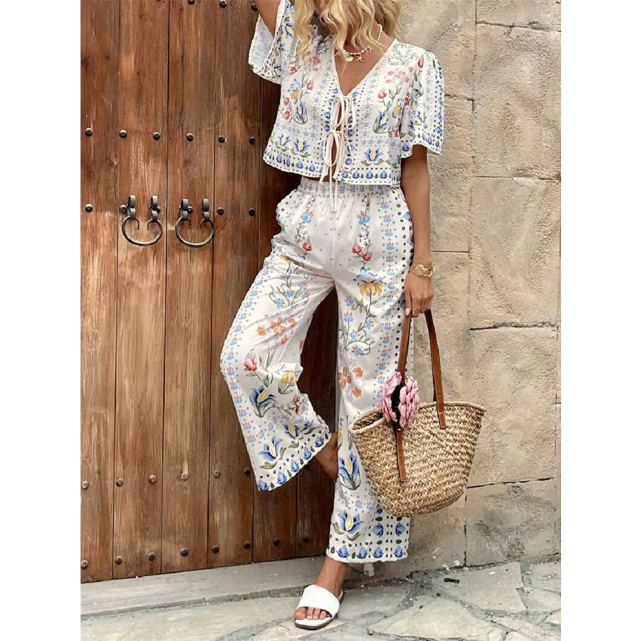 Floral Print Tie-Front Top and Pants Set Apparel and Accessories