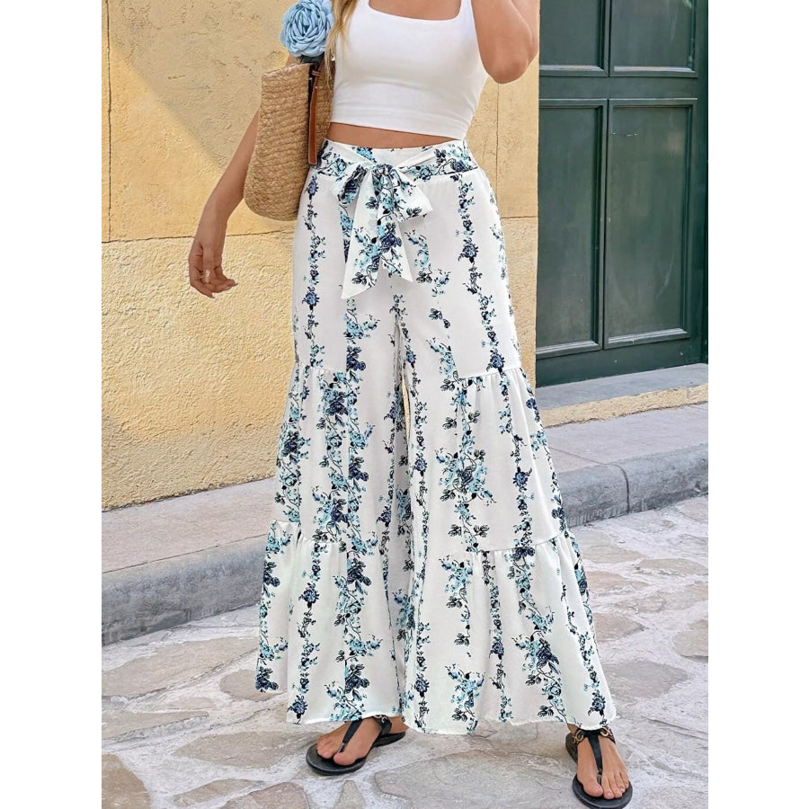 Floral Print Tie Front Wide Leg Pants Apparel and Accessories