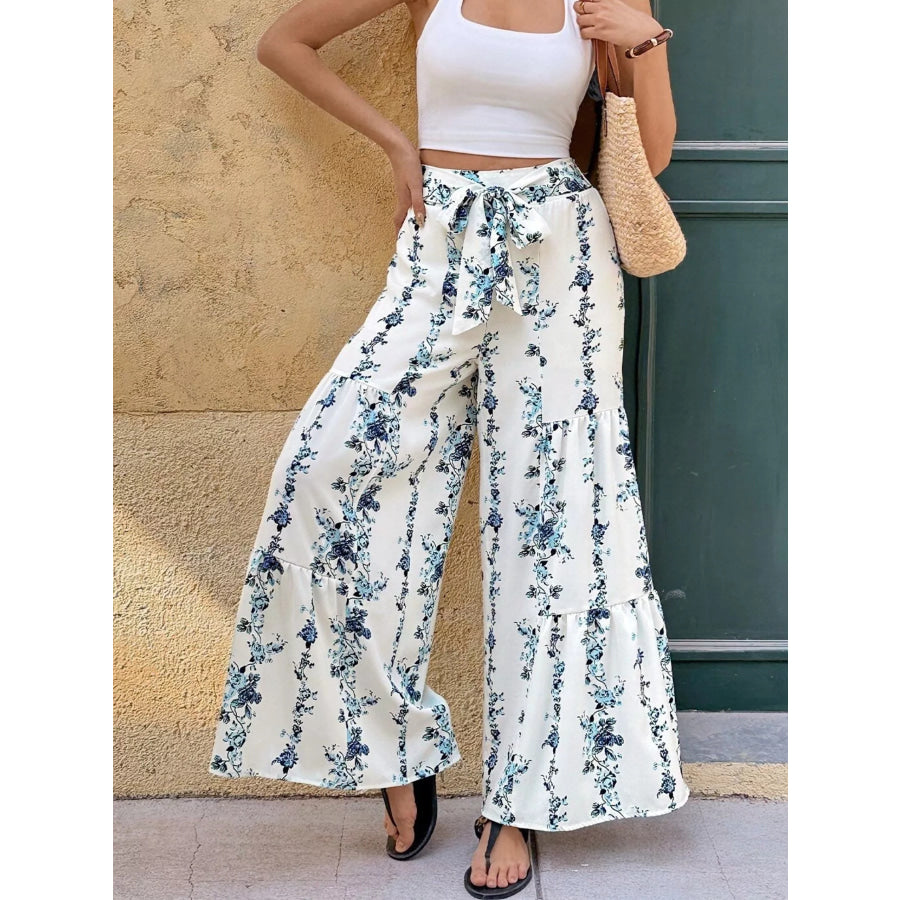 Floral Print Tie Front Wide Leg Pants Apparel and Accessories