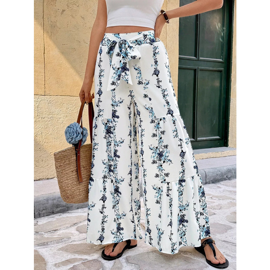 Floral Print Tie Front Wide Leg Pants Gray/white / S Apparel and Accessories