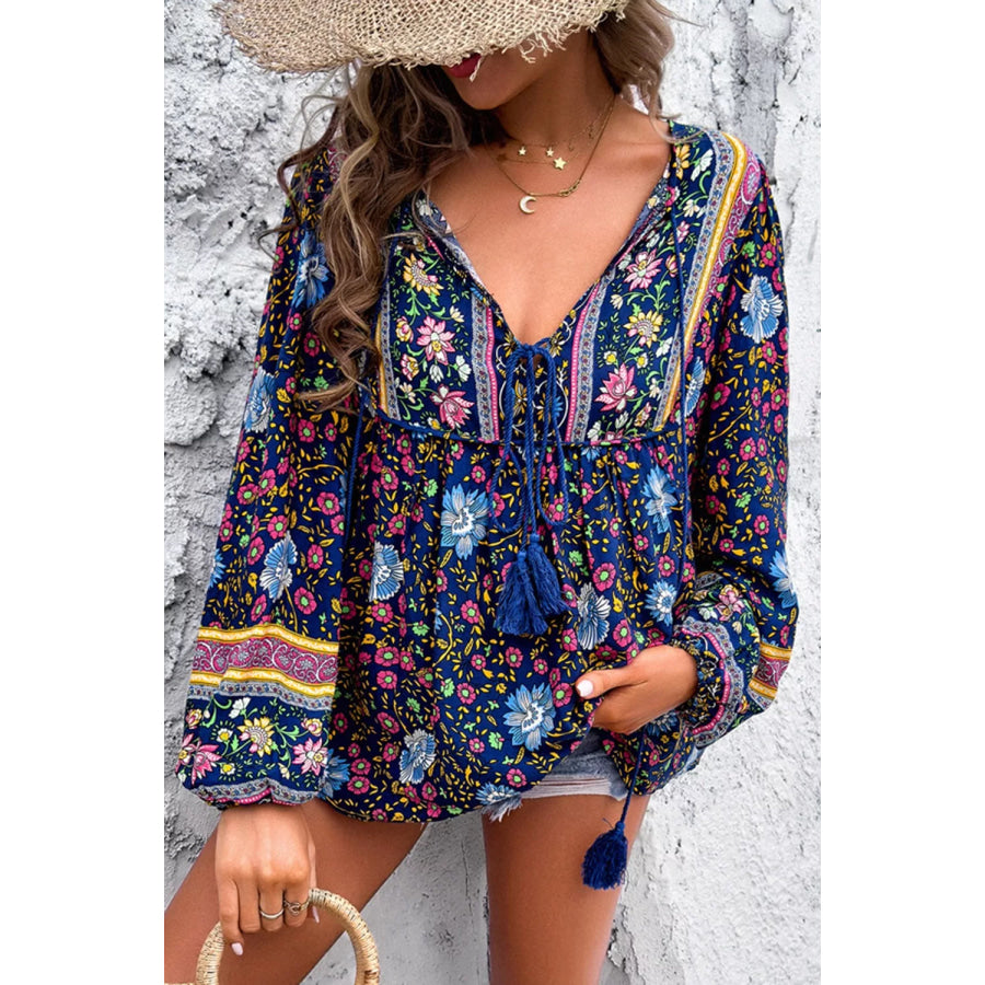 Floral Print Tie Neck Blouse Apparel and Accessories