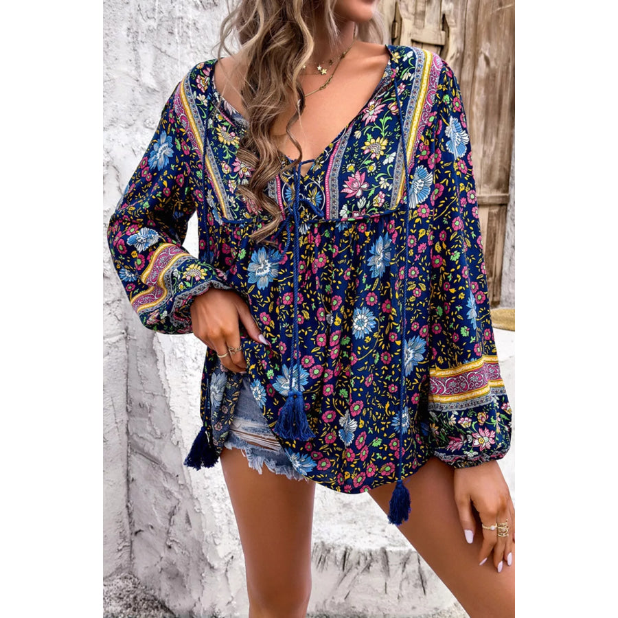 Floral Print Tie Neck Blouse Apparel and Accessories