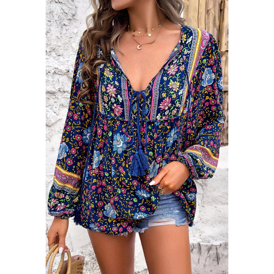 Floral Print Tie Neck Blouse Apparel and Accessories