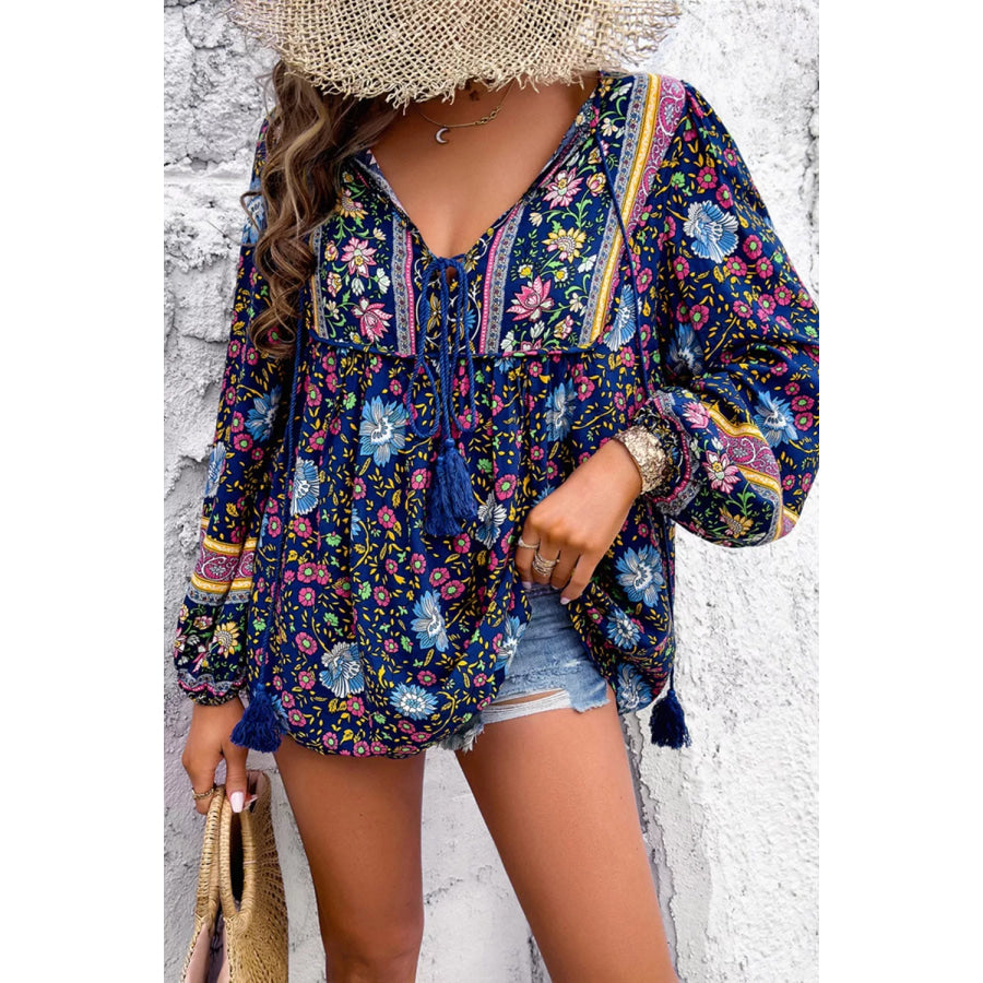 Floral Print Tie Neck Blouse Apparel and Accessories