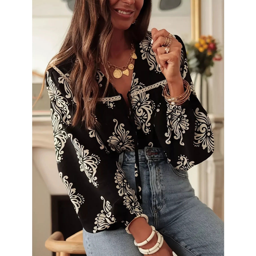 Floral Print Tie-Neck Blouse Black / S Apparel and Accessories