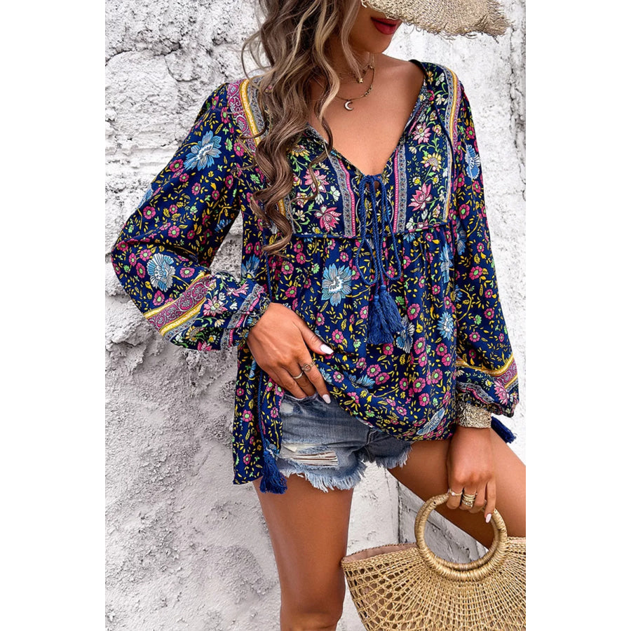 Floral Print Tie Neck Blouse Navy / S Apparel and Accessories