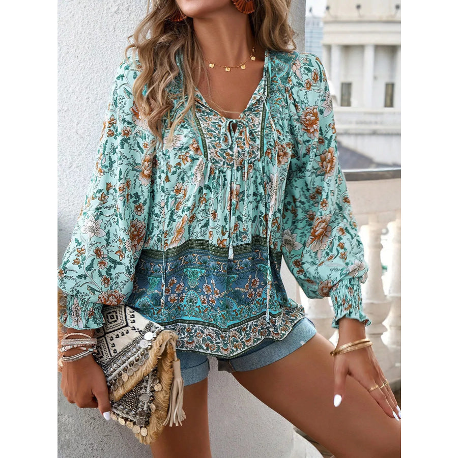 Floral Print Tie Neck Bohemian Blouse Air Force Blue / S Apparel and Accessories