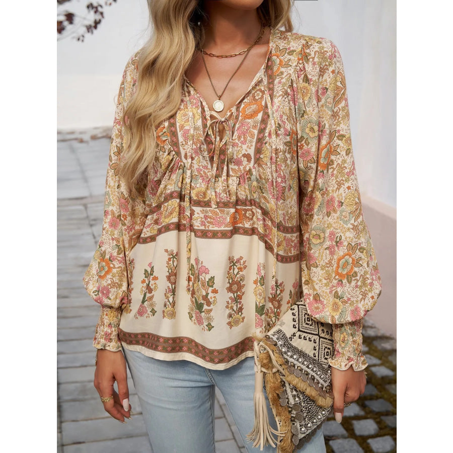 Floral Print Tie Neck Bohemian Blouse Apparel and Accessories