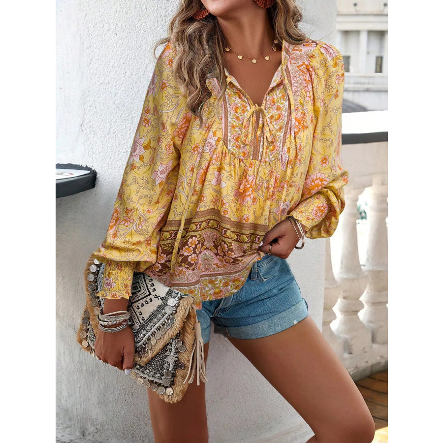 Floral Print Tie Neck Bohemian Blouse Apparel and Accessories