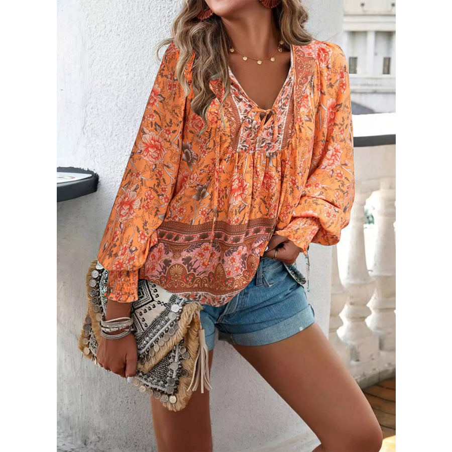 Floral Print Tie Neck Bohemian Blouse Apparel and Accessories