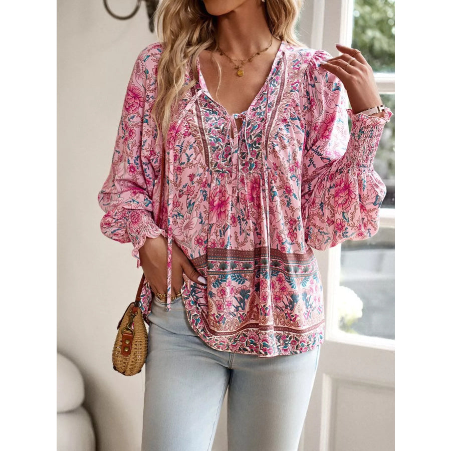 Floral Print Tie Neck Bohemian Blouse Apparel and Accessories